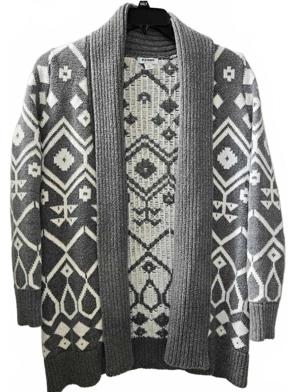 Old Navy Gray and White Geometric Pattern Open-Front Sweater